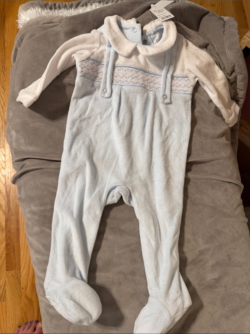 Soft Light Blue & White Infant Footie One-Piece with Smocked Detail